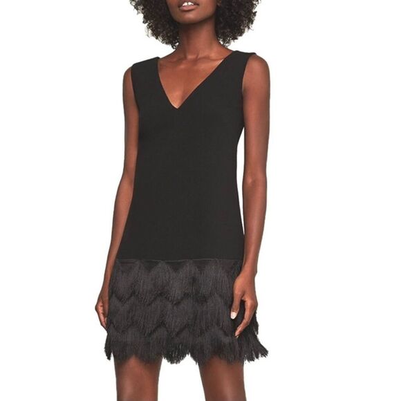 BCBGMAXAZRIA Sleeveless V-Neck Fringe-Trim Mini Shift Cocktail Dress Black 4 - Picture 1 of 10